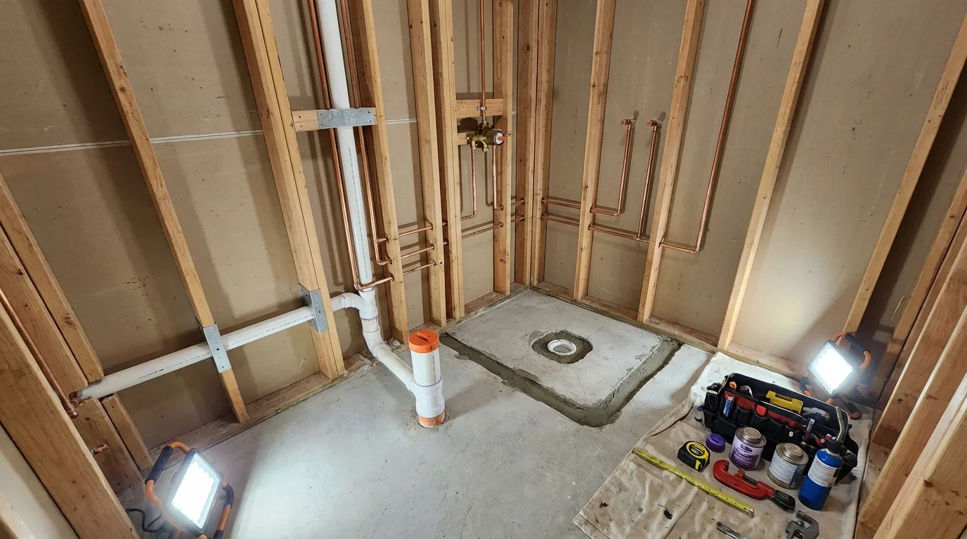 Bathroom rough-in plumbing during remodel by Johns Plumbing LLC in Spruce Pine