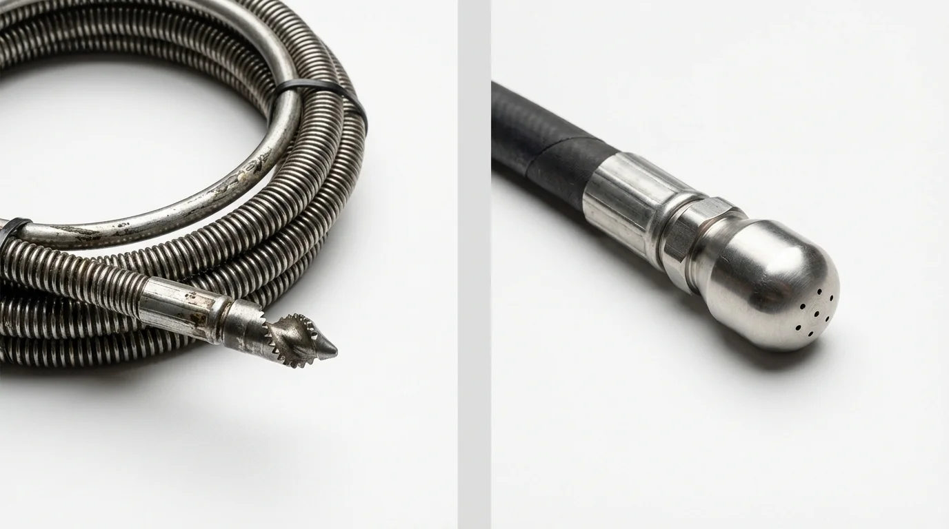 Drain snake cable and hydro jetting nozzle used for drain cleaning in Spruce Pine, NC