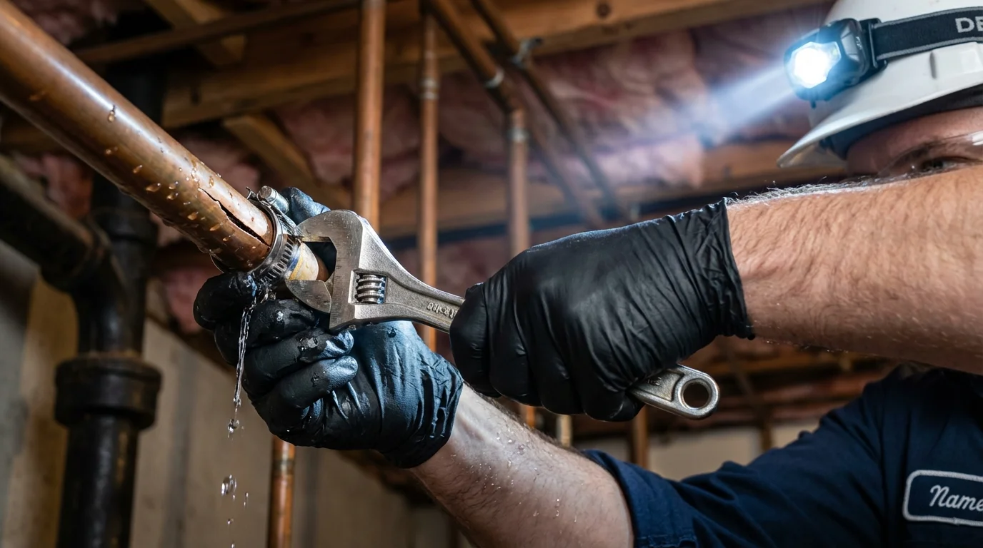 Emergency pipe clamp repair being performed by a Johns Plumbing LLC plumber in Spruce Pine