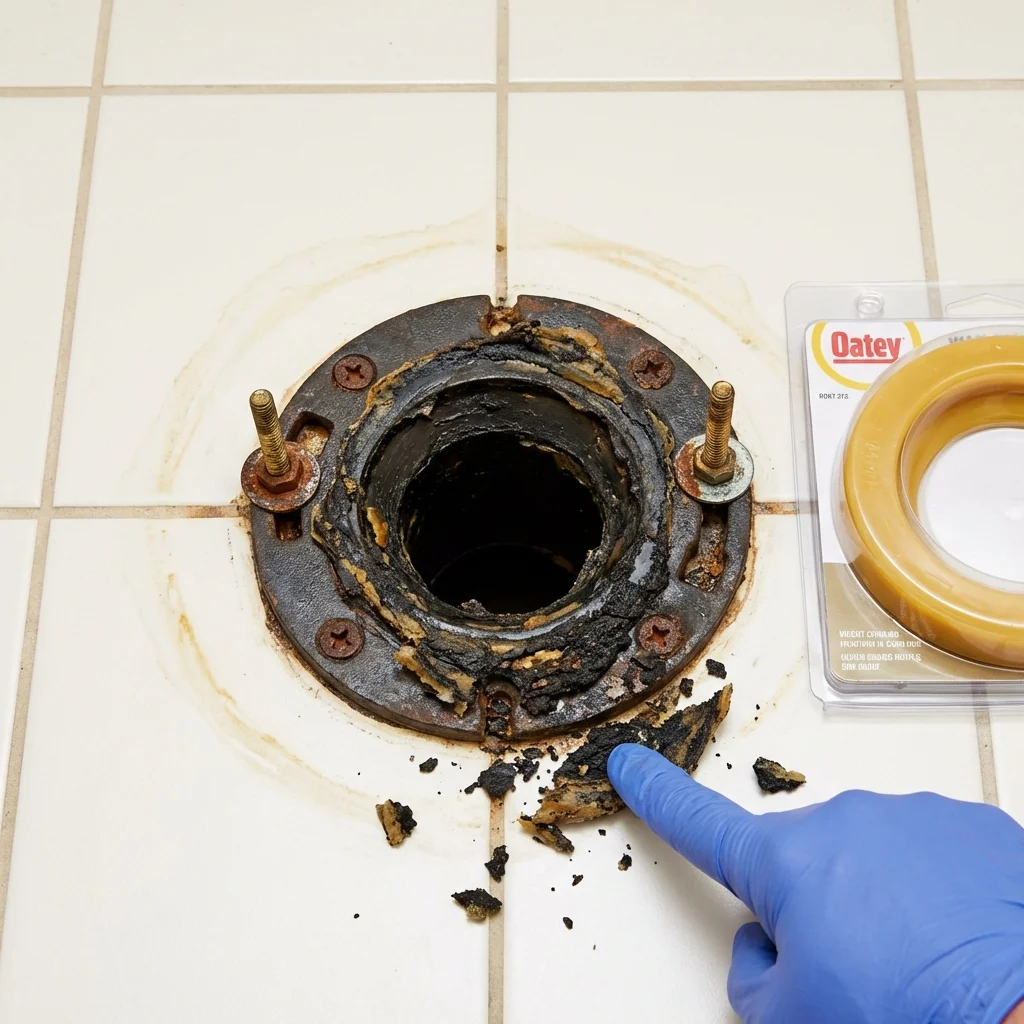 Failed wax ring showing water seepage at the base of a toilet in a Spruce Pine, NC home