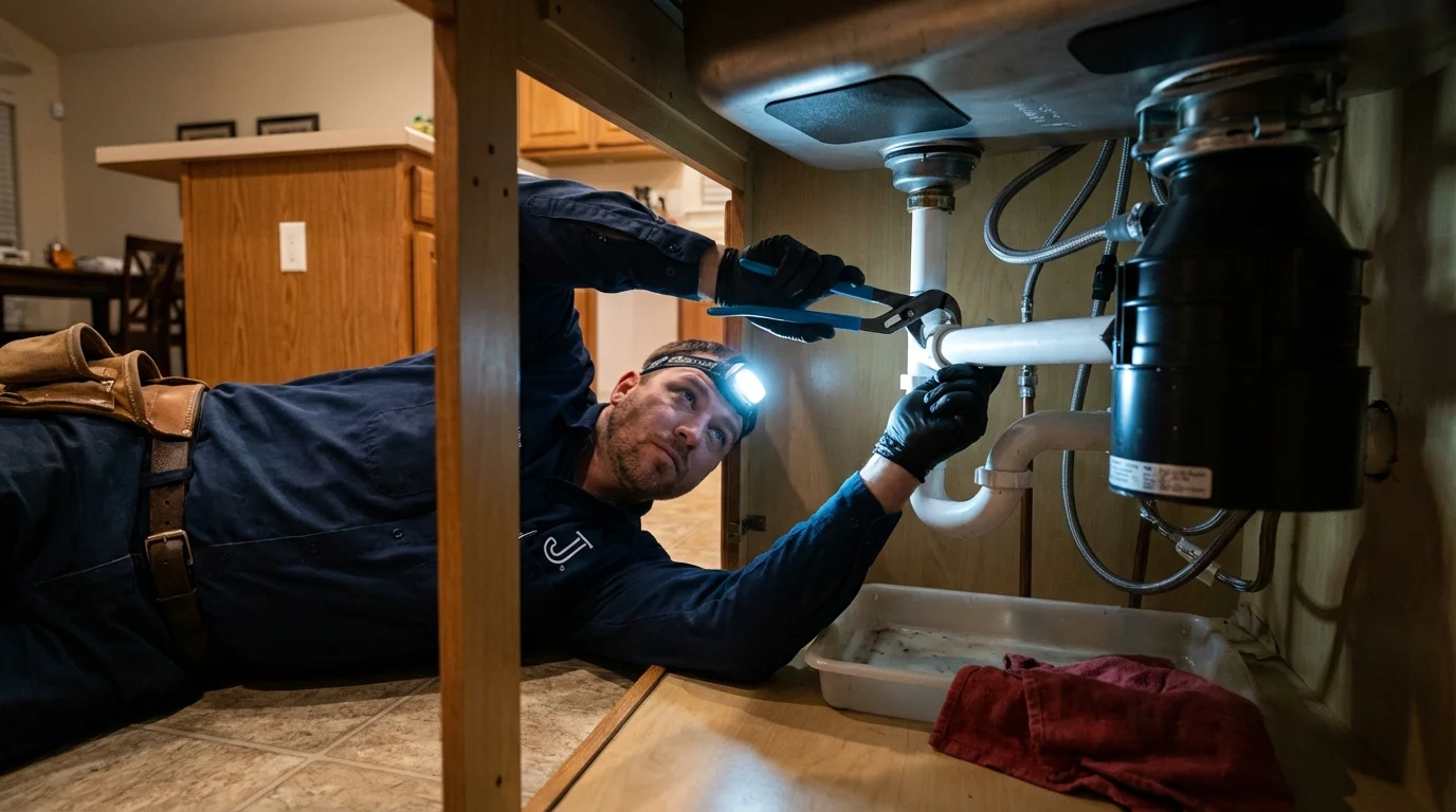 P-trap and supply line connections under a kitchen sink showing a common leak point in Spruce Pine, NC